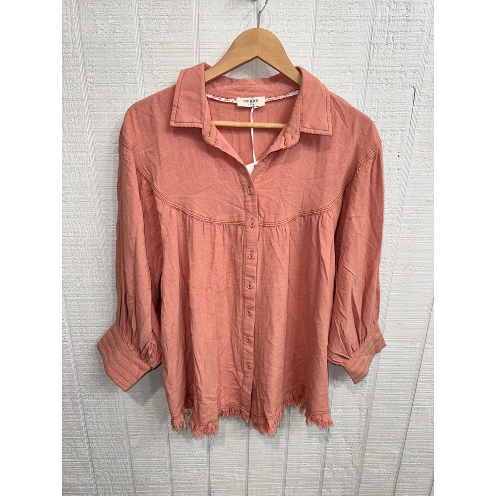 Umgee Button Down Top Women Terracotta Boho Frayed Hem 3/4 Sleeve Medium